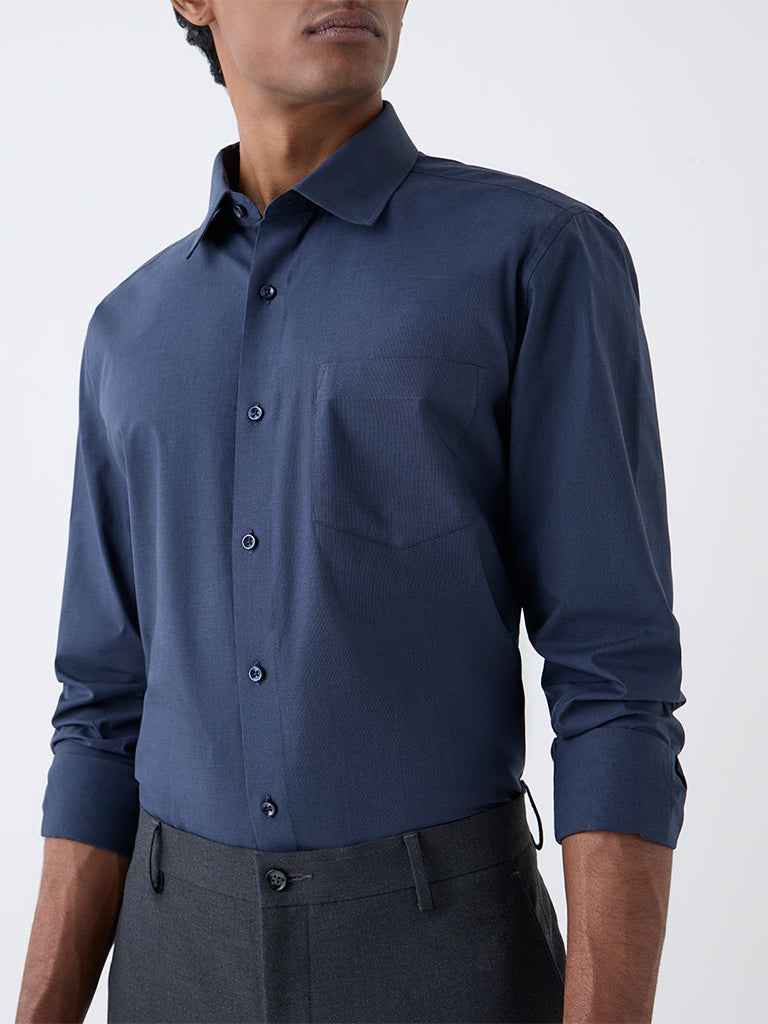 WES Formals Navy Solid Slim-Fit Cotton Shirt