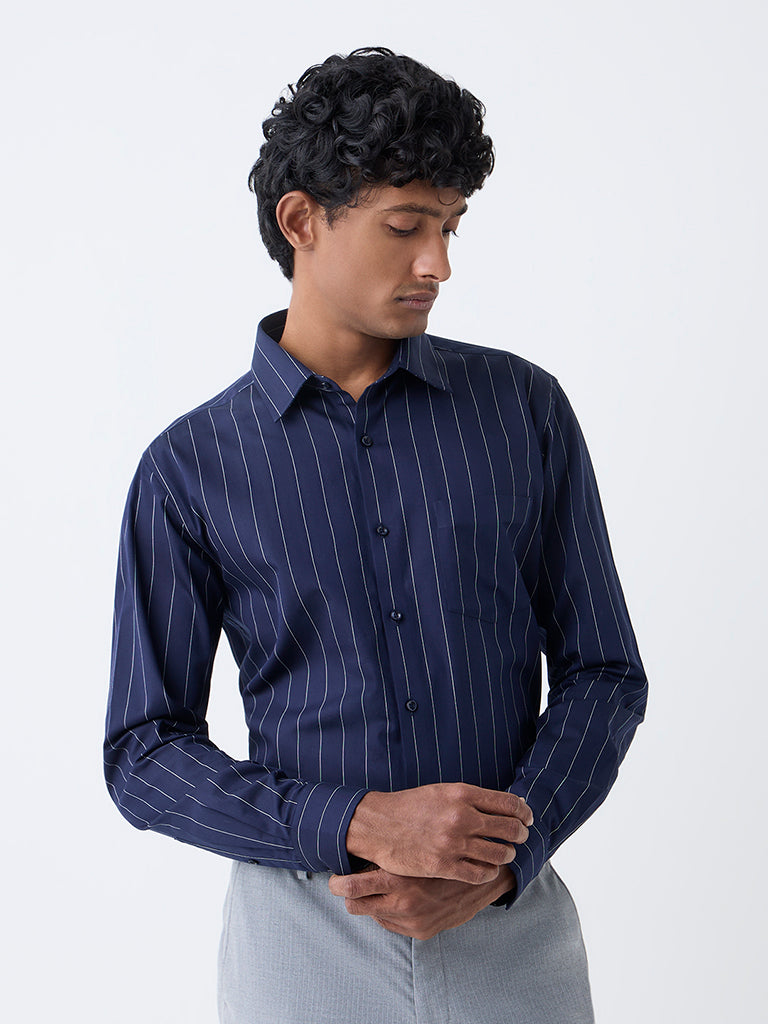 WES Formals Navy Pinstriped Slim-Fit Cotton Shirt