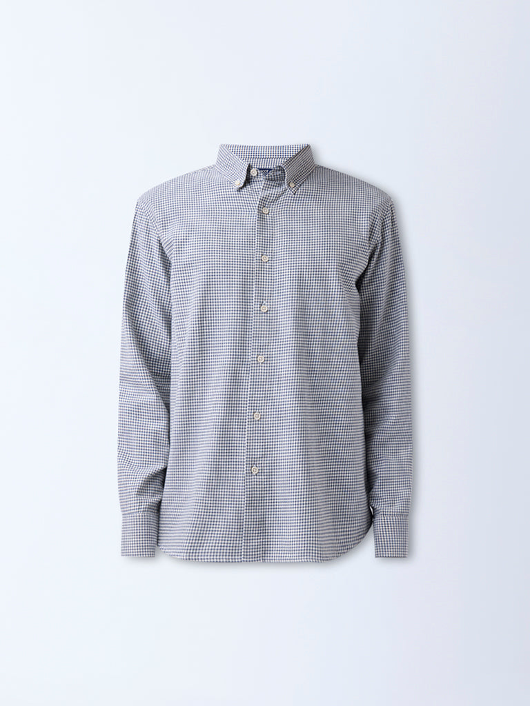 Ascot Blue Houndstooth Checks Relaxed-Fit Cotton Shirt
