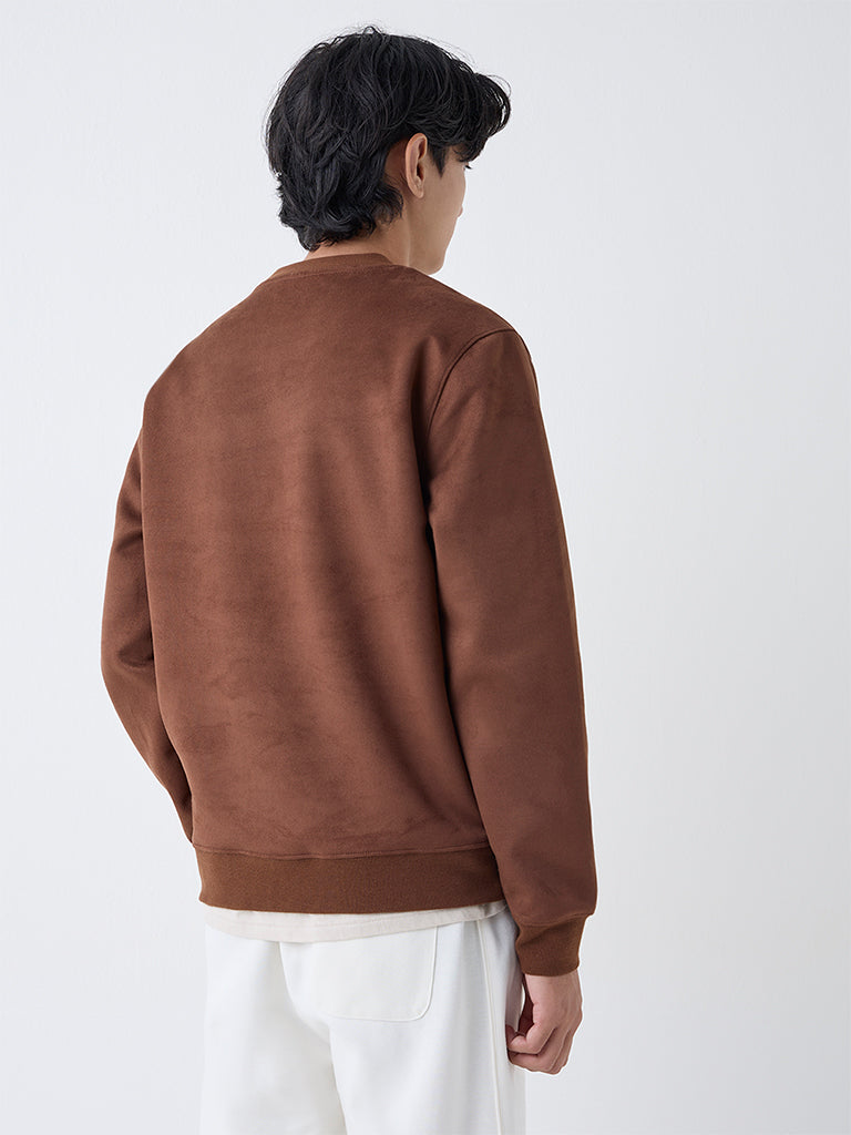 Studiofit Tan Solid Relaxed-Fit Suede Sweatshirt