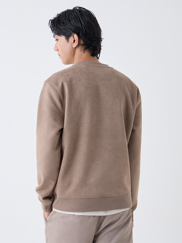Studiofit Taupe Solid Relaxed-Fit Suede Sweatshirt