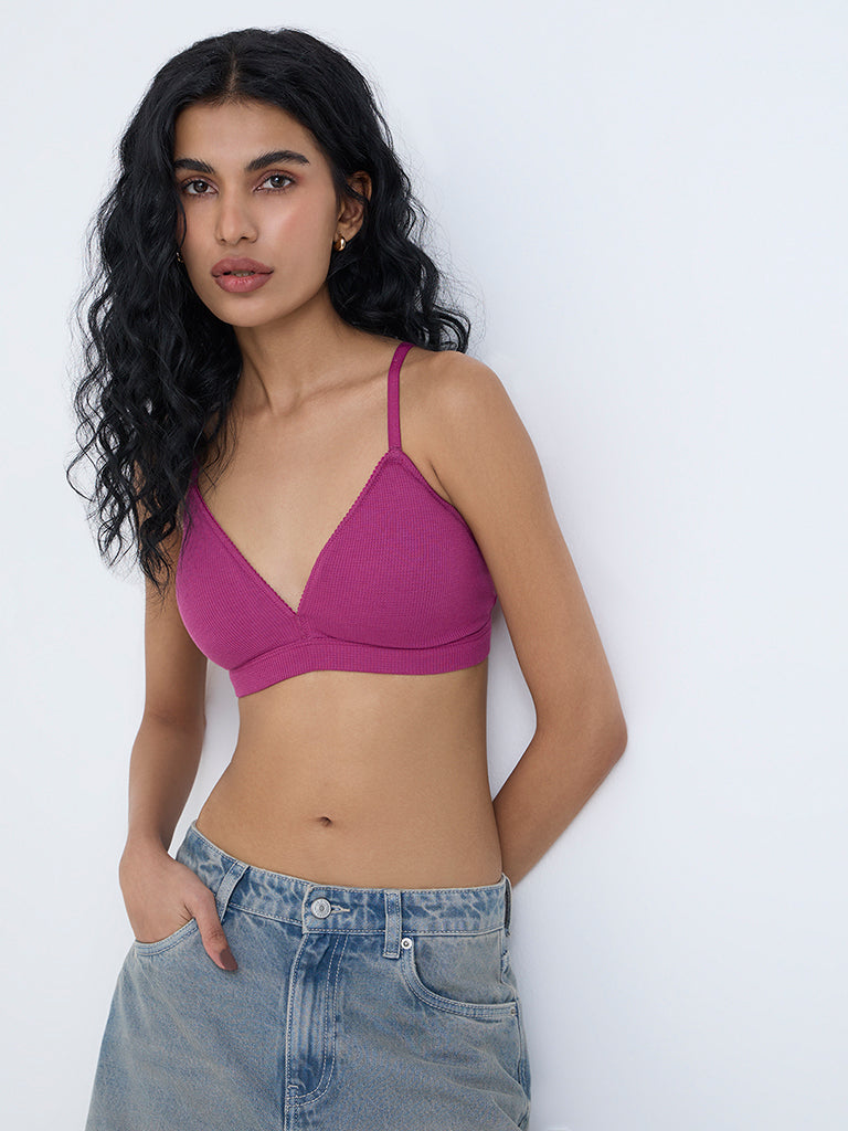Superstar Magenta Waffle-Textured Padded Cotton-Blend Bra