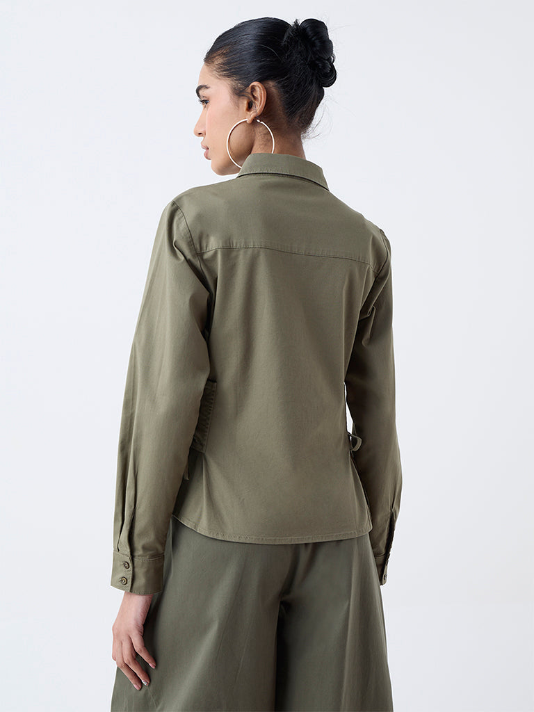 Nuon Olive Criss-Cross Detailed Cotton-Blend Shirt
