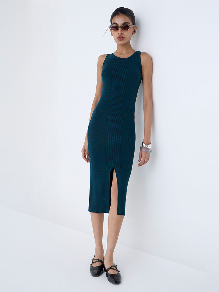 Nuon Teal Ribbed Cotton Bodycon Dress