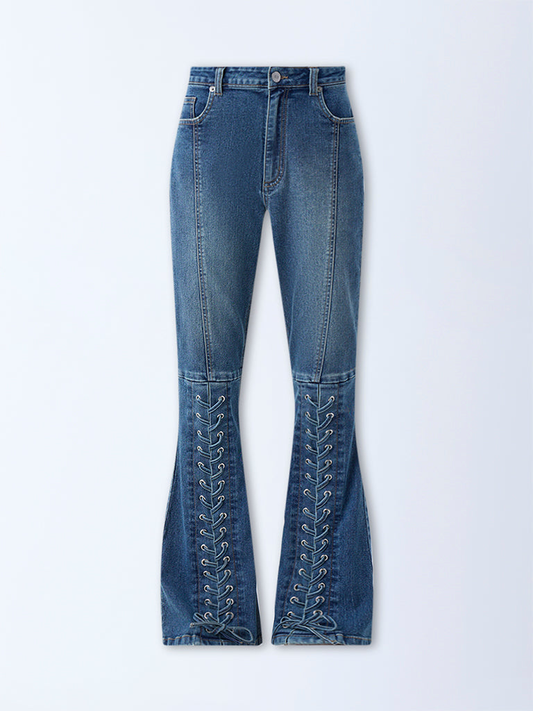 Nuon Blue Criss-Cross Detailed High-Rise Bootcut Jeans