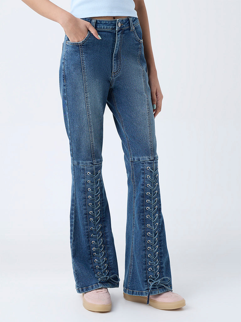 Nuon Blue Criss-Cross Detailed High-Rise Bootcut Jeans