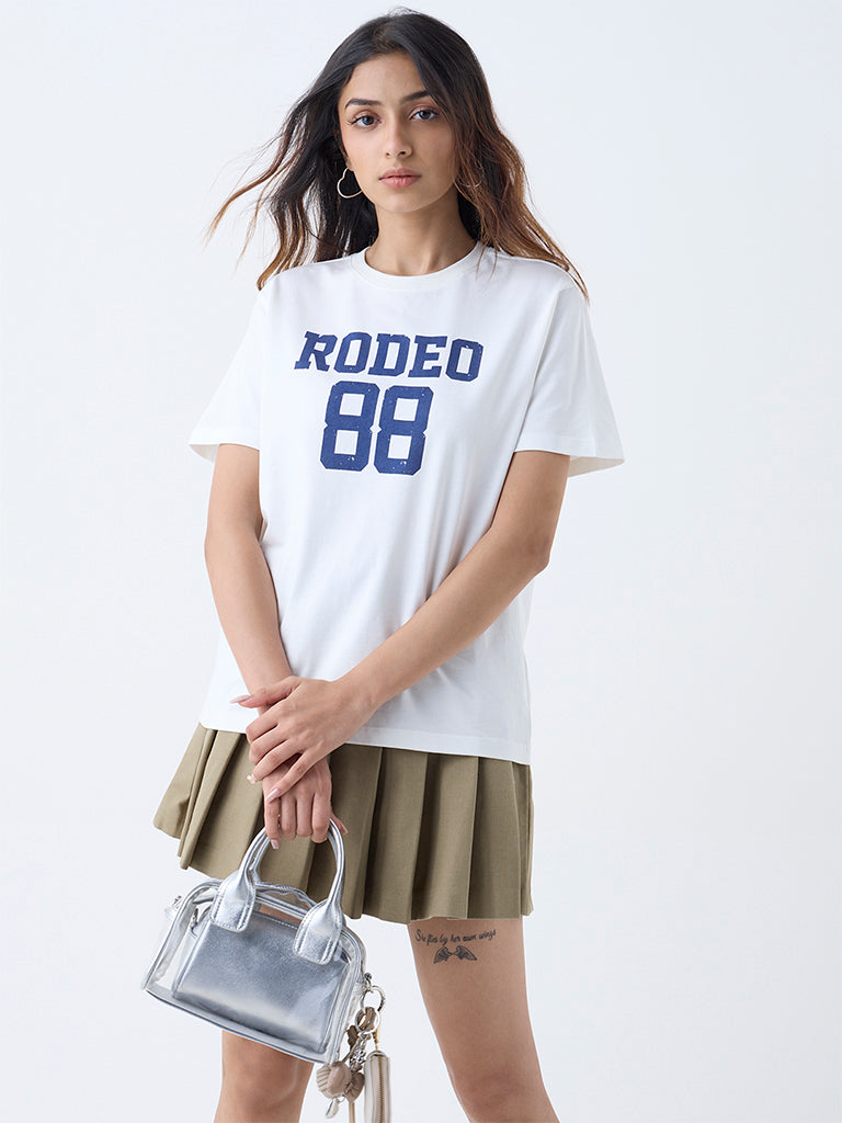 Westside Nuon Women's White Numerical Printed Cotton T-Shirt for Casual Wear Front view