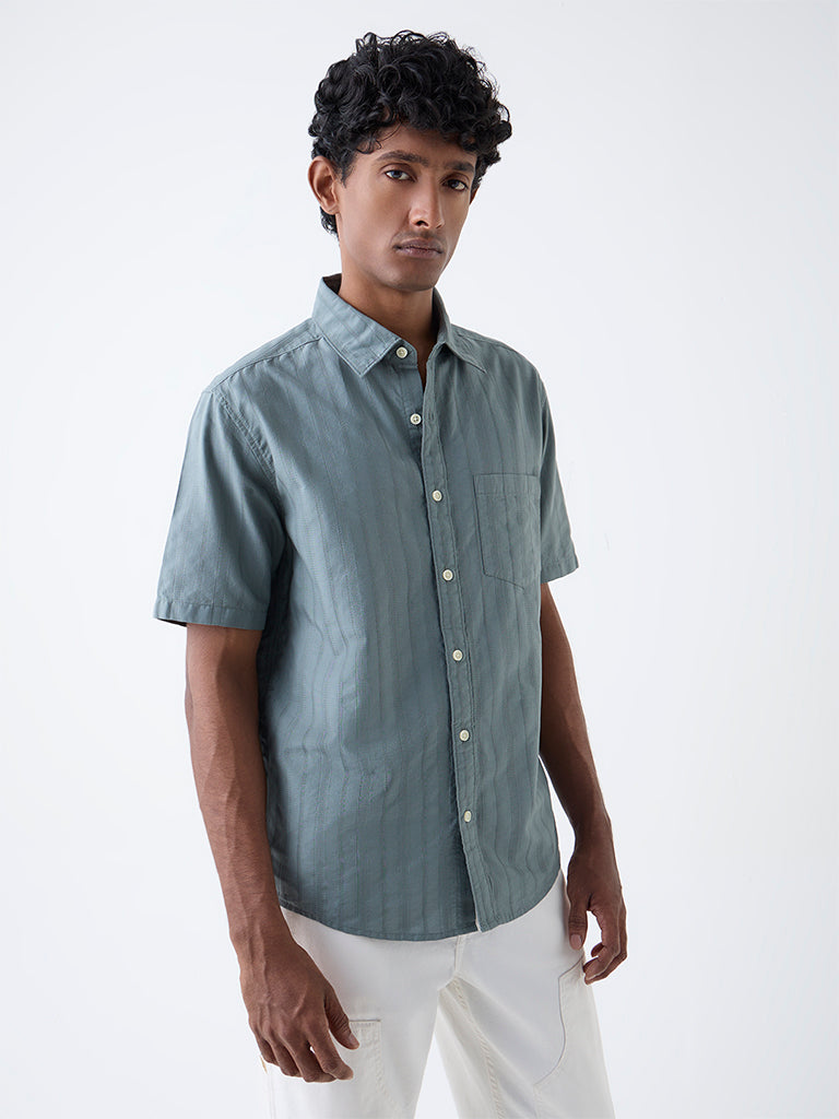 WES Casuals Sage Self-Striped Relaxed-Fit Cotton Shirt