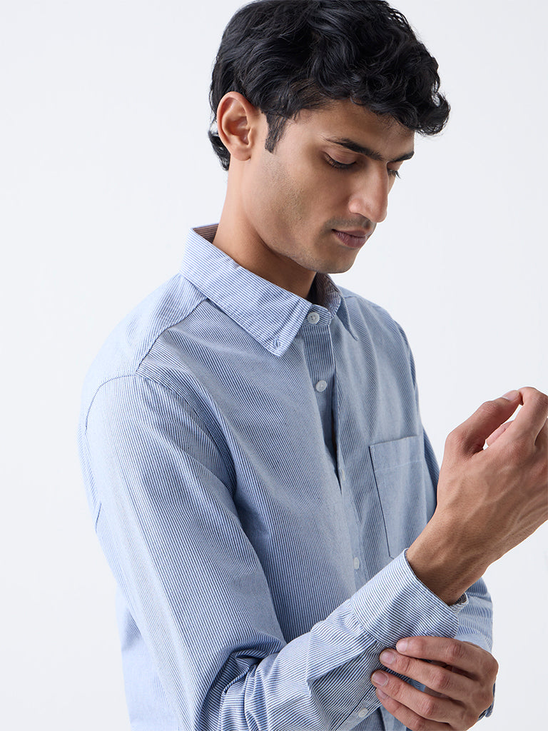 WES Casuals Blue Pinstriped Cotton Relaxed-Fit Cotton  Shirt