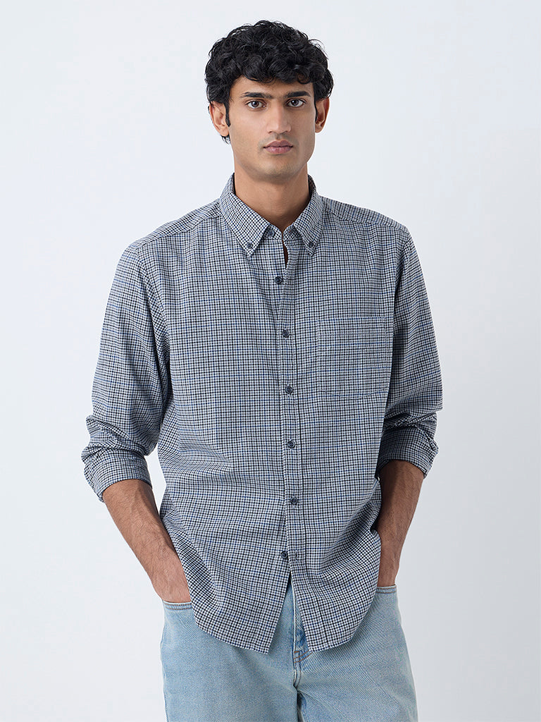 WES Casuals Grey Checks Pattern Relaxed-Fit Cotton Shirt