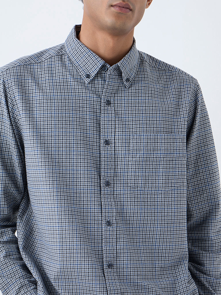 WES Casuals Grey Checks Pattern Relaxed-Fit Cotton Shirt