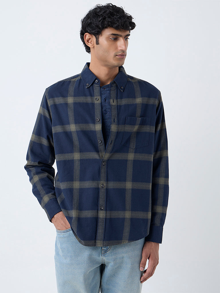 WES Casuals Navy Checkered Relaxed-Fit Cotton Shirt