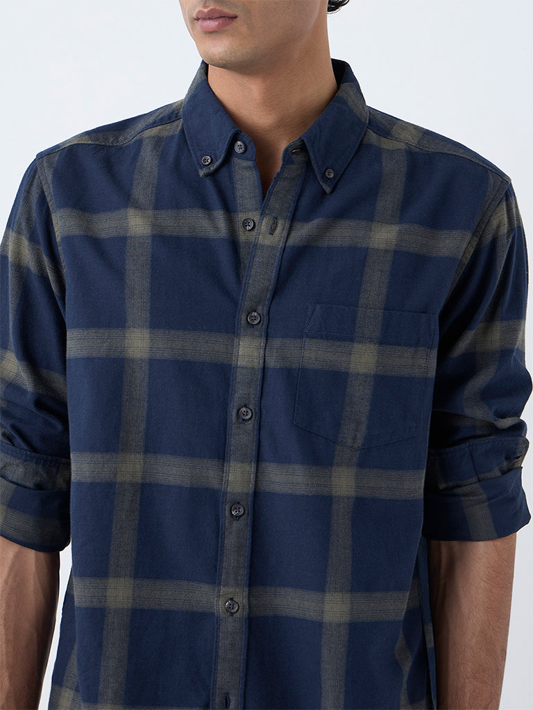 WES Casuals Navy Checkered Relaxed-Fit Cotton Shirt