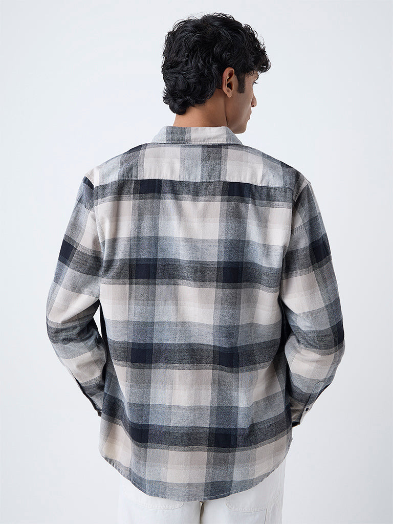 WES Casuals Grey Checks Printed Relaxed-Fit Cotton-Blend Shirt