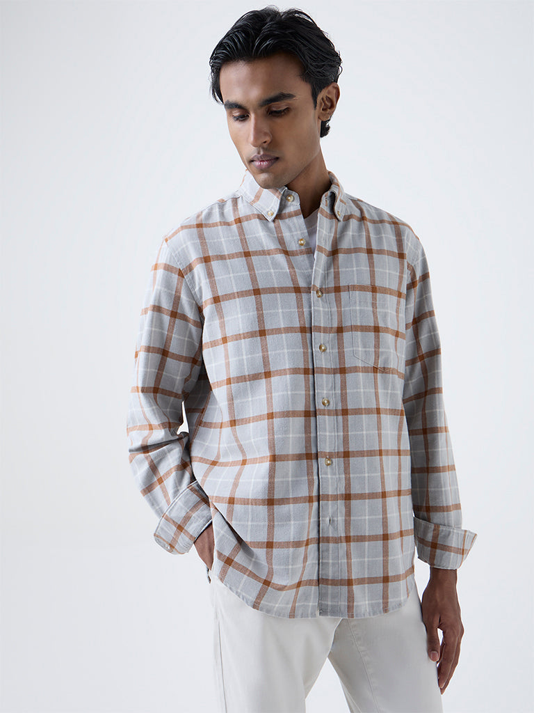 WES Casuals Grey Checkered Relaxed-Fit Cotton-Blend Shirt