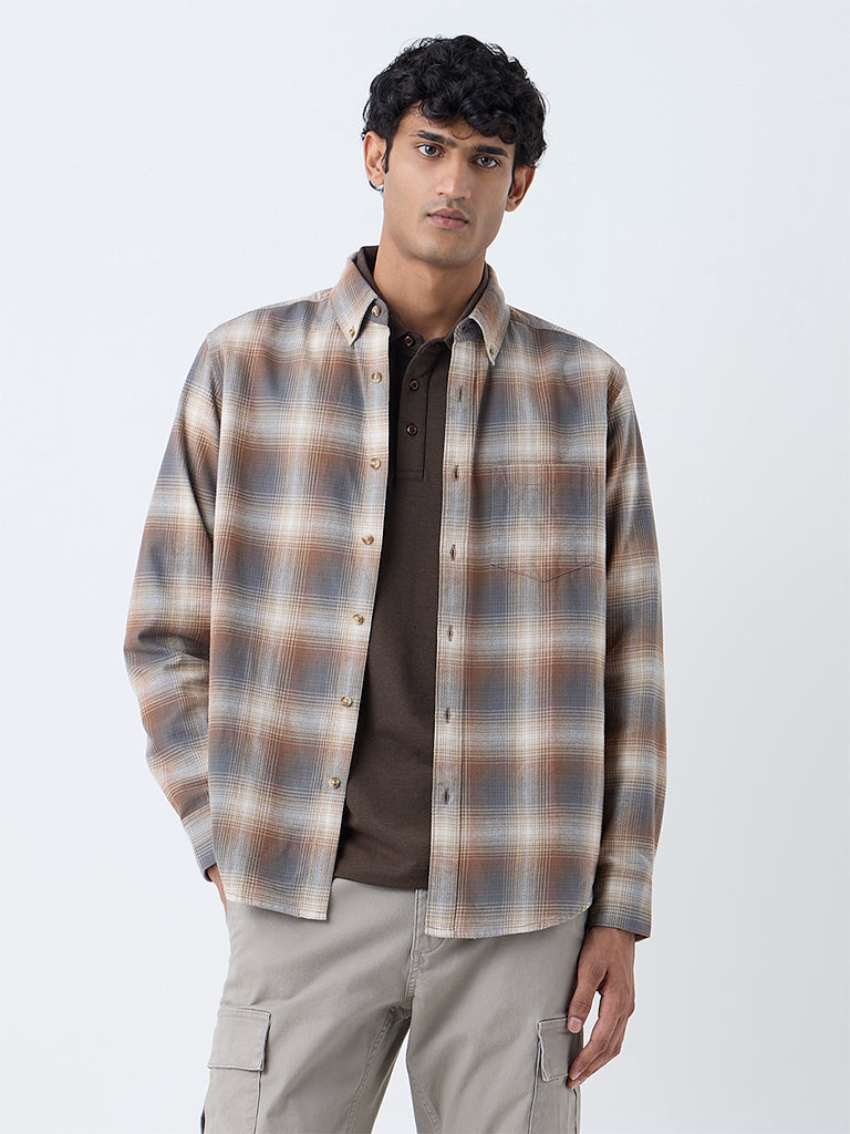 WES Casuals Tan Checkered Relaxed-Fit Cotton Shirt