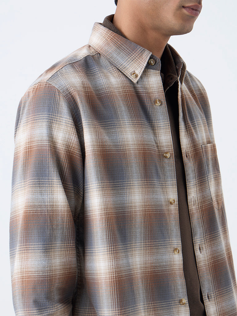 WES Casuals Tan Checkered Relaxed-Fit Cotton Shirt