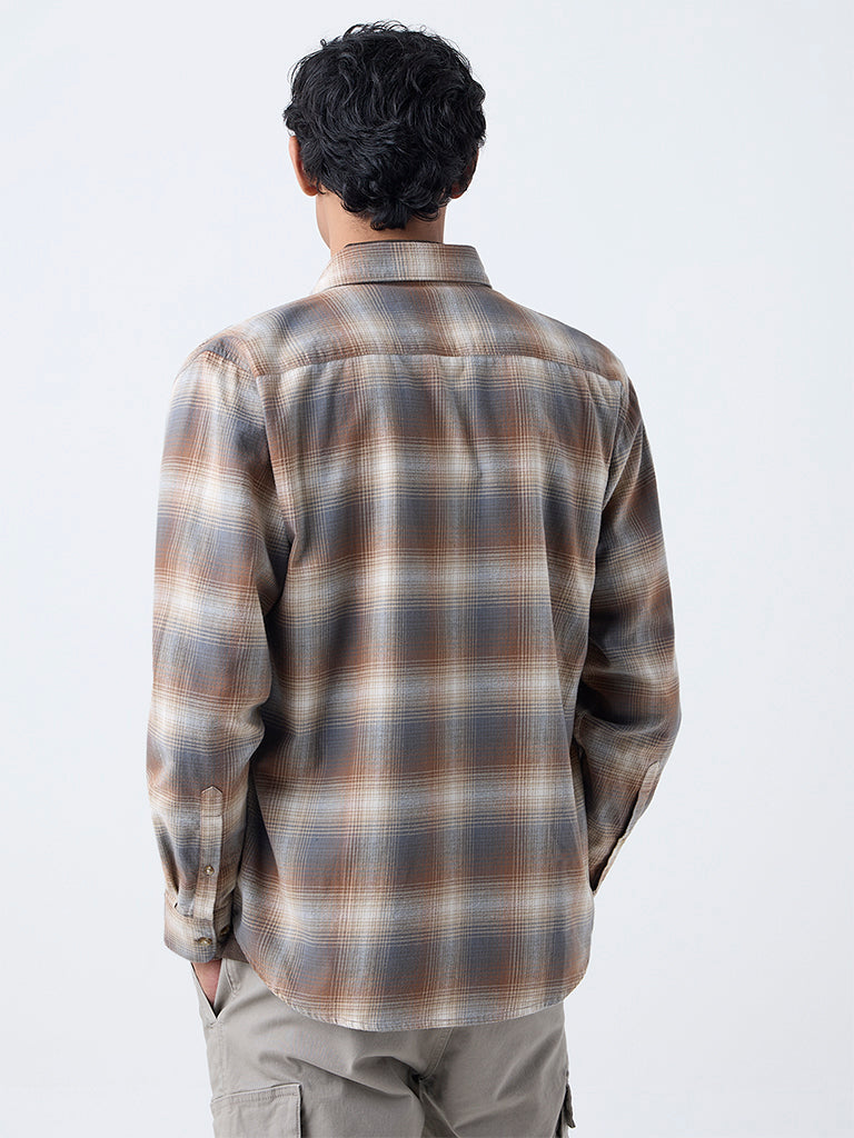 WES Casuals Tan Checkered Relaxed-Fit Cotton Shirt