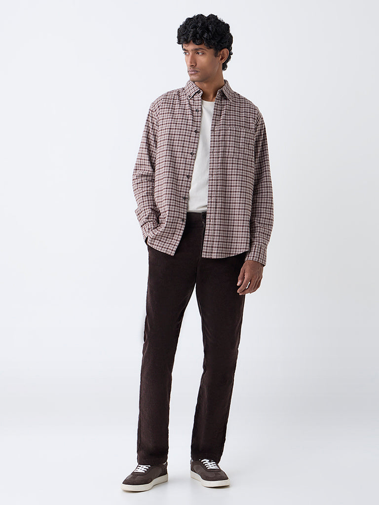 WES Casuals Brown Check Design Relaxed-Fit Cotton Shirt