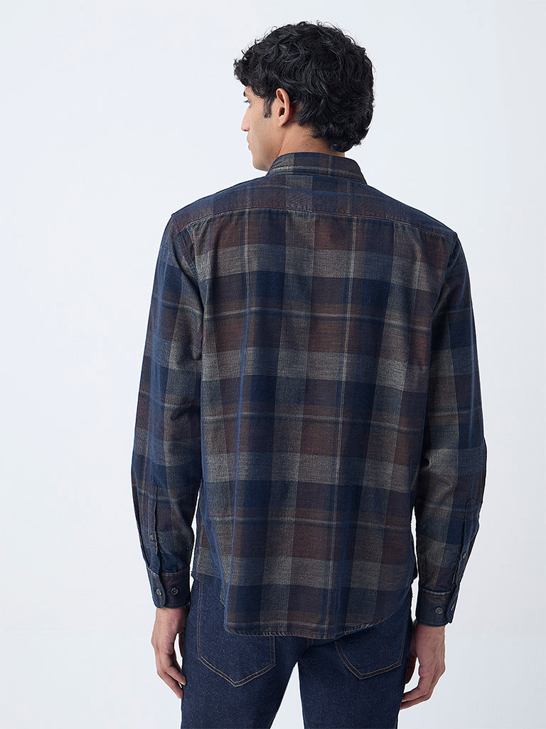 WES Casuals Brown Checkered Relaxed-Fit Cotton-Blend Shirt