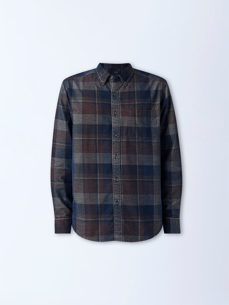 WES Casuals Brown Checkered Relaxed-Fit Cotton-Blend Shirt