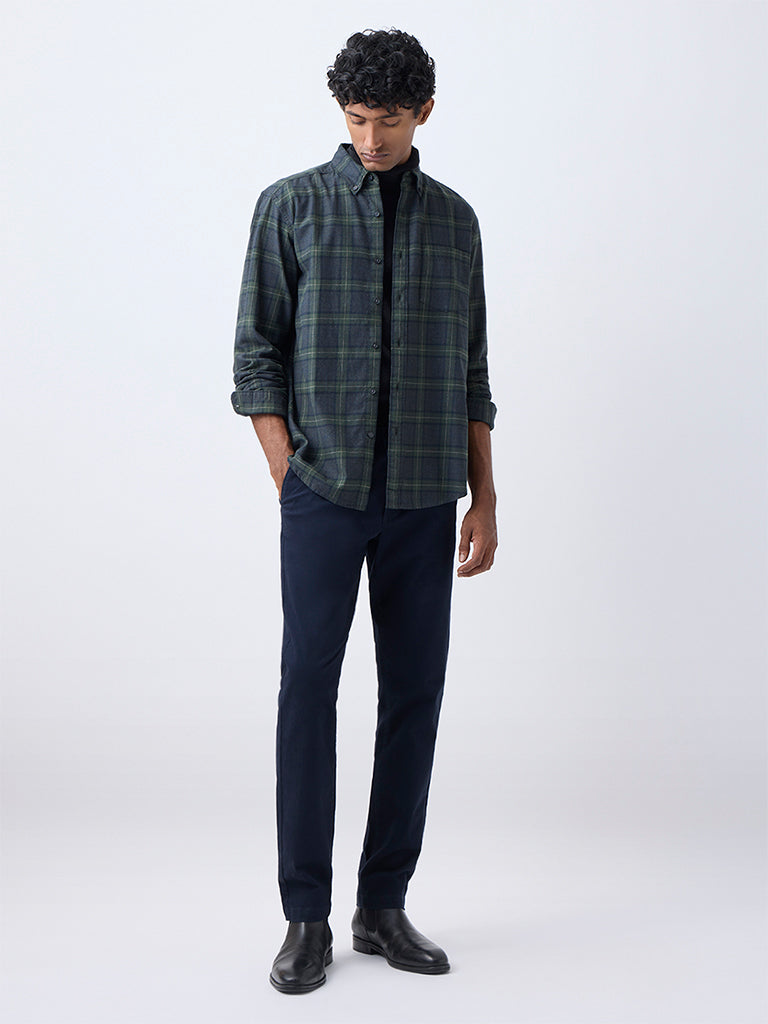WES Casuals Olive Check Pattern Relaxed-Fit Cotton-Blend Shirt