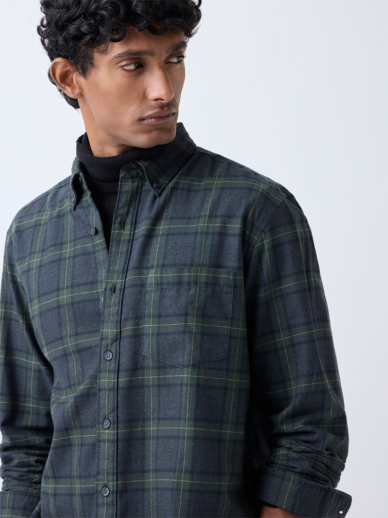 WES Casuals Olive Check Pattern Relaxed-Fit Cotton-Blend Shirt