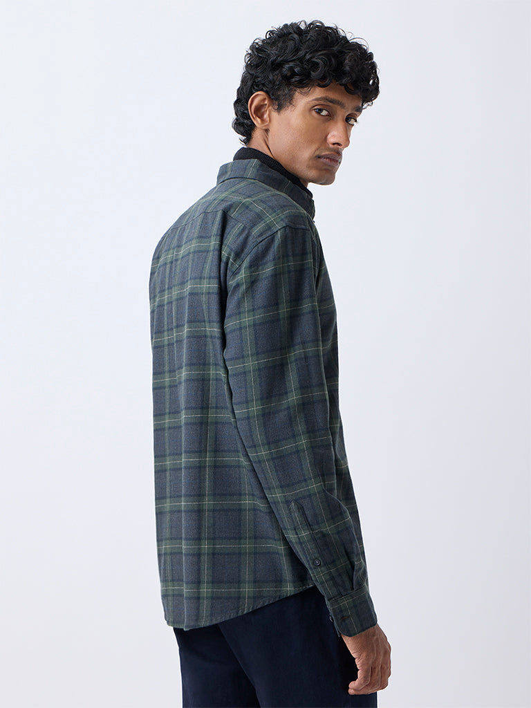 WES Casuals Olive Check Pattern Relaxed-Fit Cotton-Blend Shirt