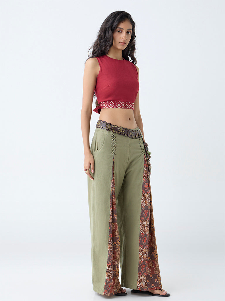 Westside Bombay Paisley Women's Maroon Embroidered Cotton-Blend Crop Top for Everyday Full View