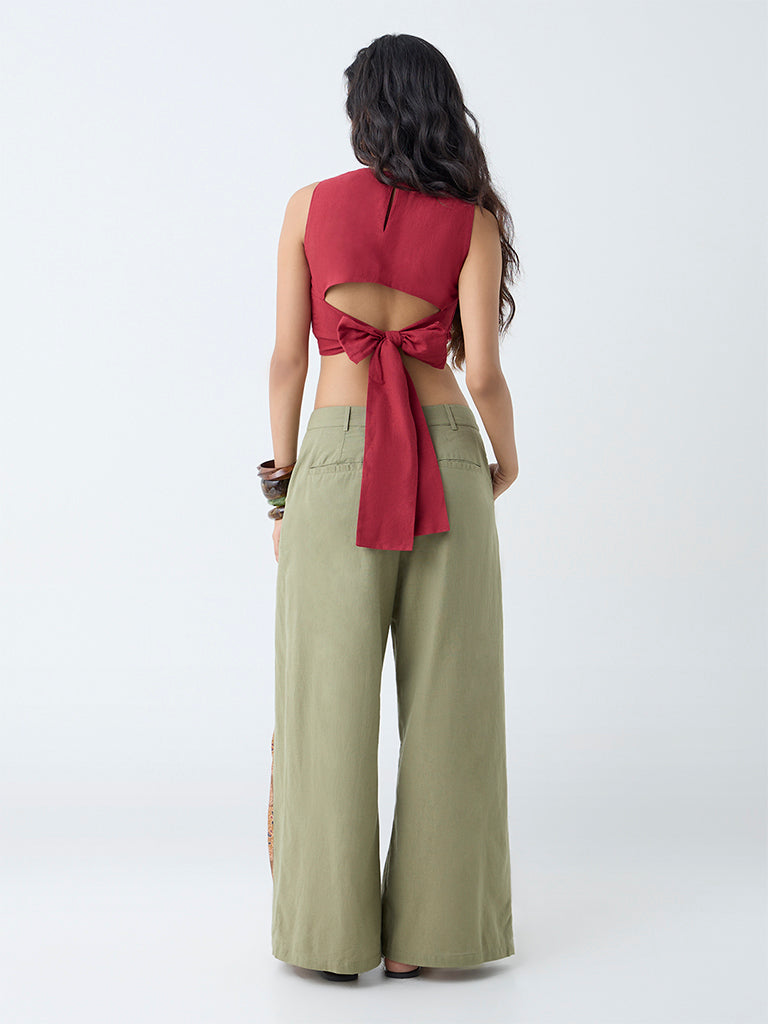 Westside Bombay Paisley Women's Maroon Embroidered Cotton-Blend Crop Top for Everyday Back View