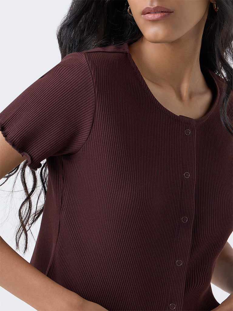 Superstar Dark Brown Ribbed Cotton-Blend Top