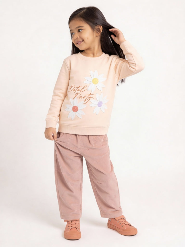 HOP Kids Girls Peach Floral Embroidered Cotton-Blend Sweatshirt