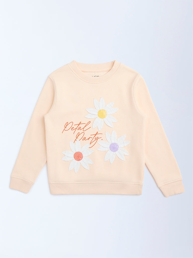 HOP Kids Girls Peach Floral Embroidered Cotton-Blend Sweatshirt