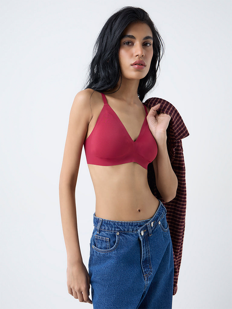 Superstar Red Invisible Padded Cotton-Blend Triangle Bra
