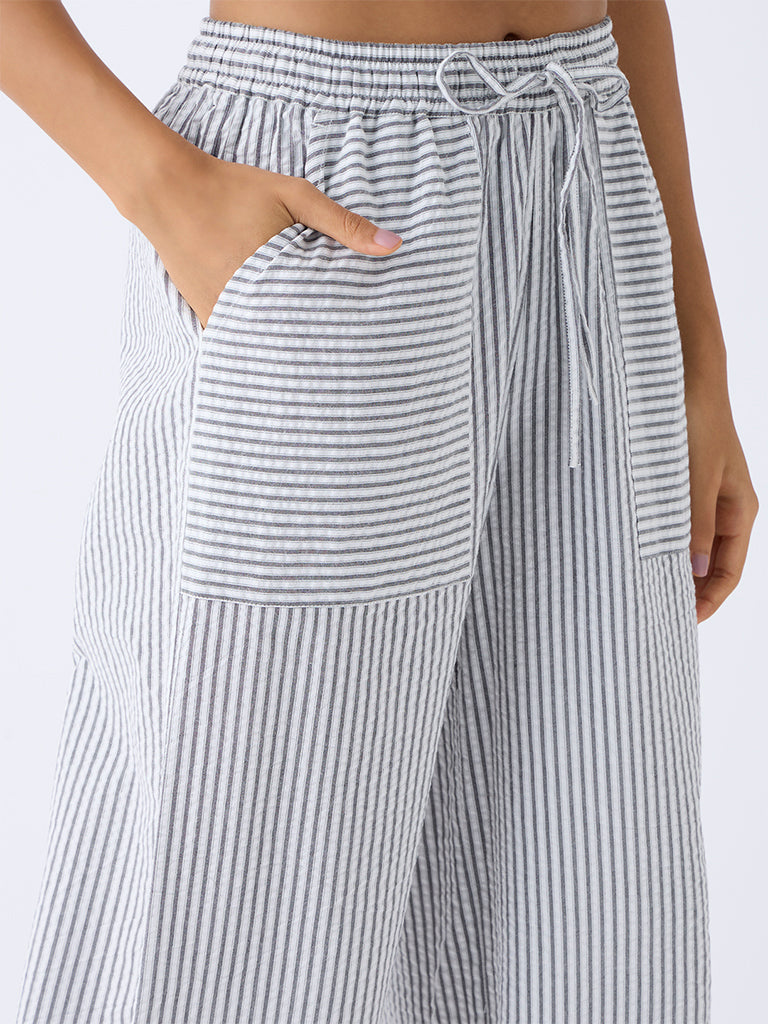 Wunderlove Black Striped Wide-Leg High-Rise Cotton Pants