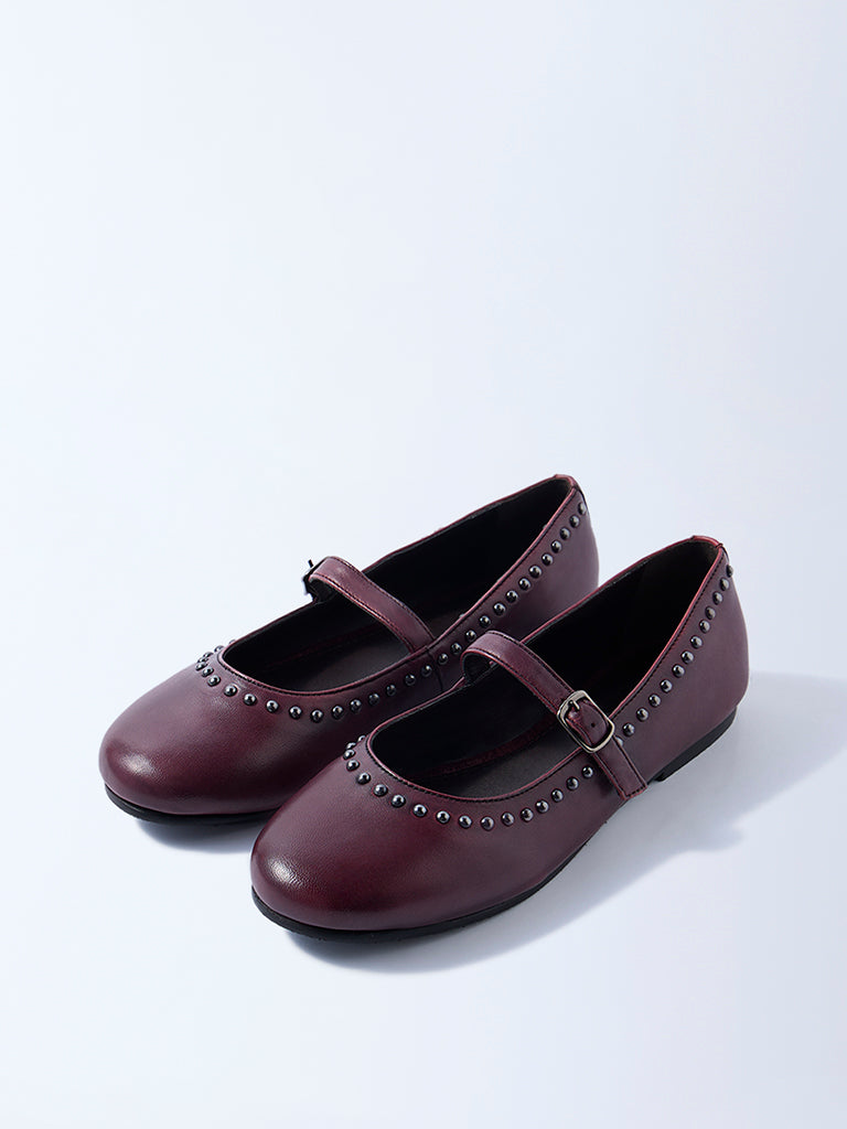 LUNA BLU Burgundy Stud-Detailed Leather Mary Jane Shoes