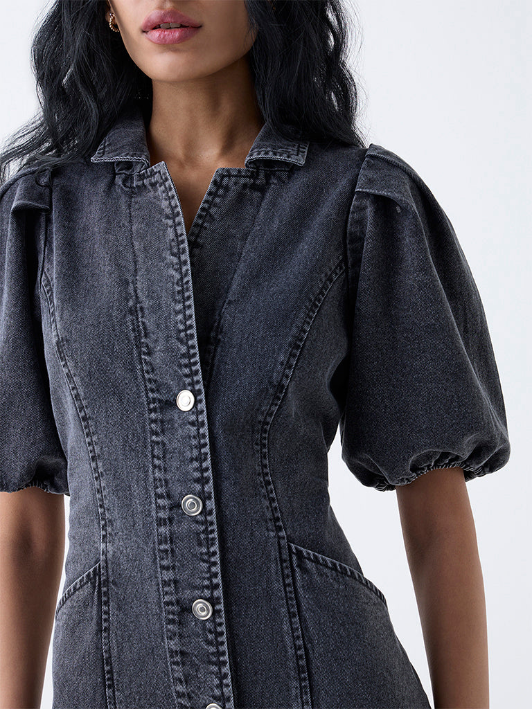 Nuon Grey Faded Denim A-Line Dress