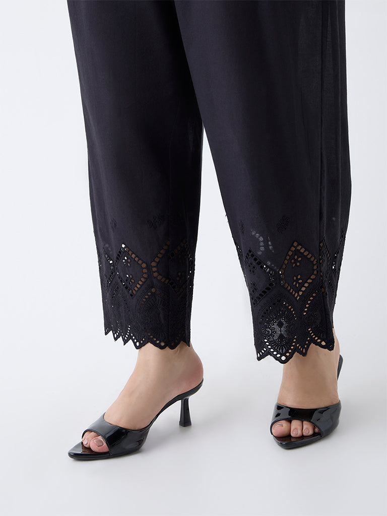 Diza Black Schiffli Detailed Cotton Pants