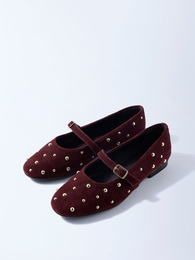 LUNA BLU Burgundy Stud-Detailed Leather Mary Jane Shoes