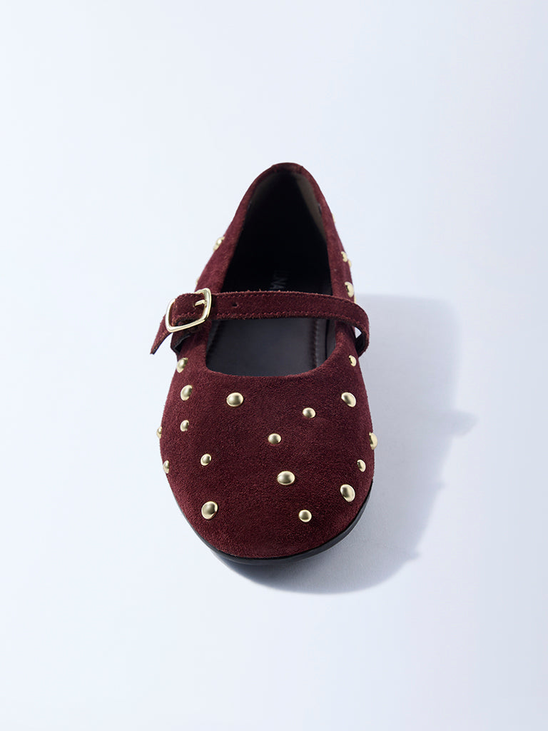 LUNA BLU Burgundy Stud-Detailed Leather Mary Jane Shoes