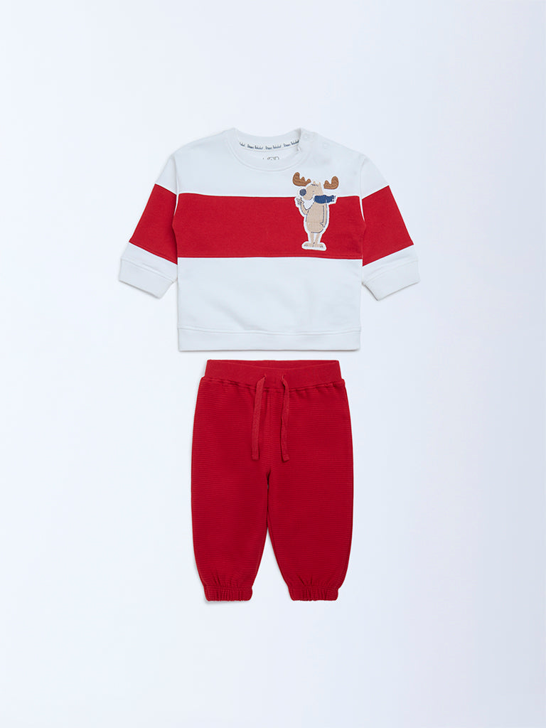 HOP Baby Boys Red Colour-Blocked Cotton Sweatshirt and Joggers Set