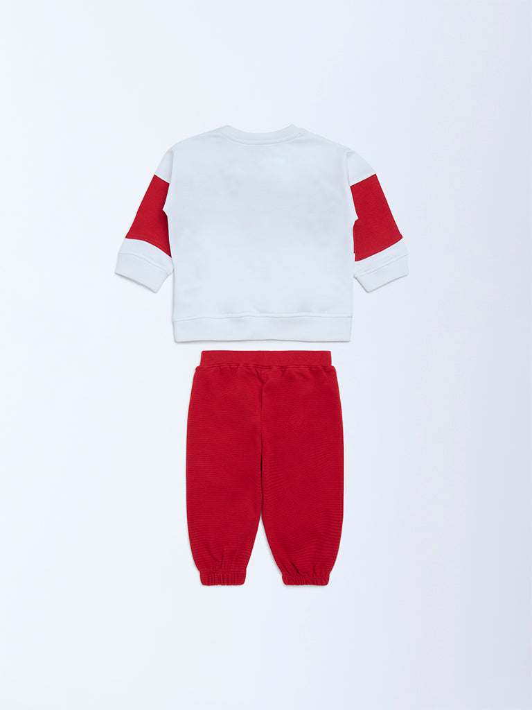 HOP Baby Boys Red Colour-Blocked Cotton Sweatshirt and Joggers Set