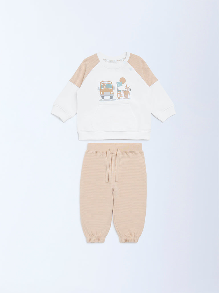 HOP Baby Boys White Printed Cotton Sweatshirt and Pants Set