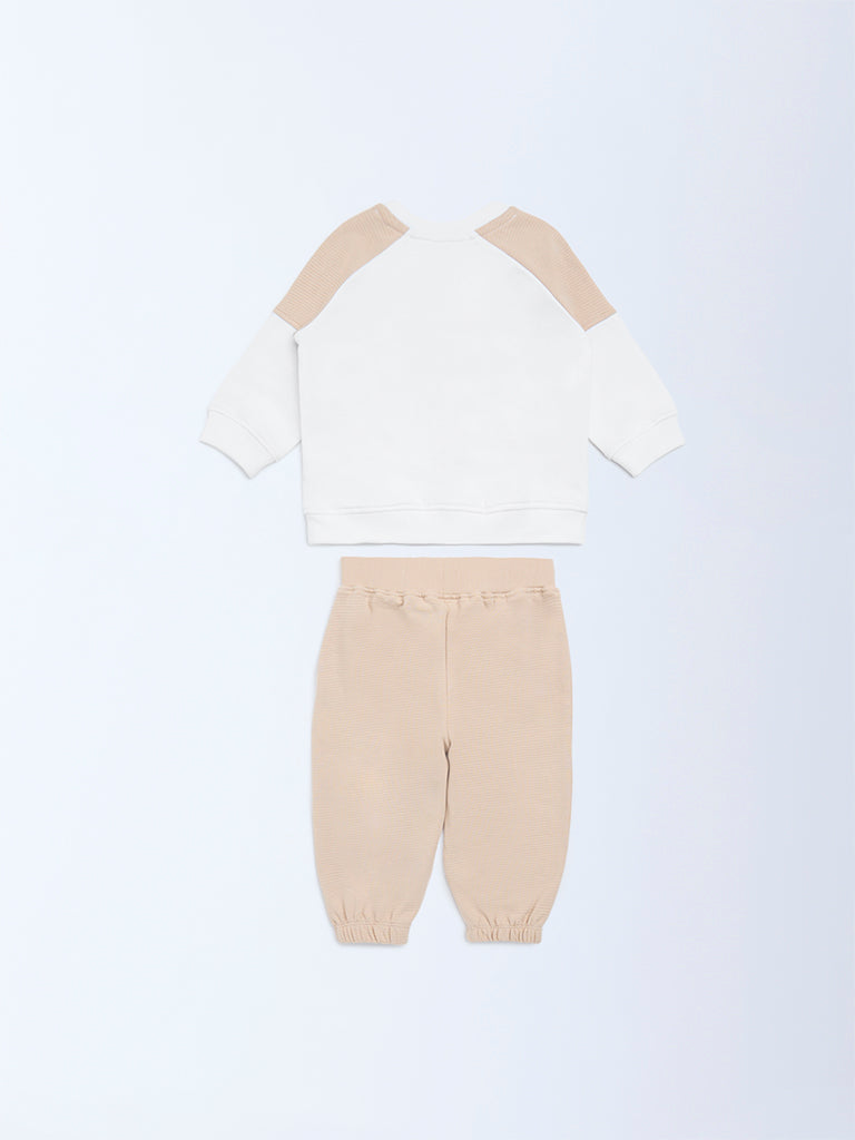 HOP Baby Boys White Printed Cotton Sweatshirt and Pants Set