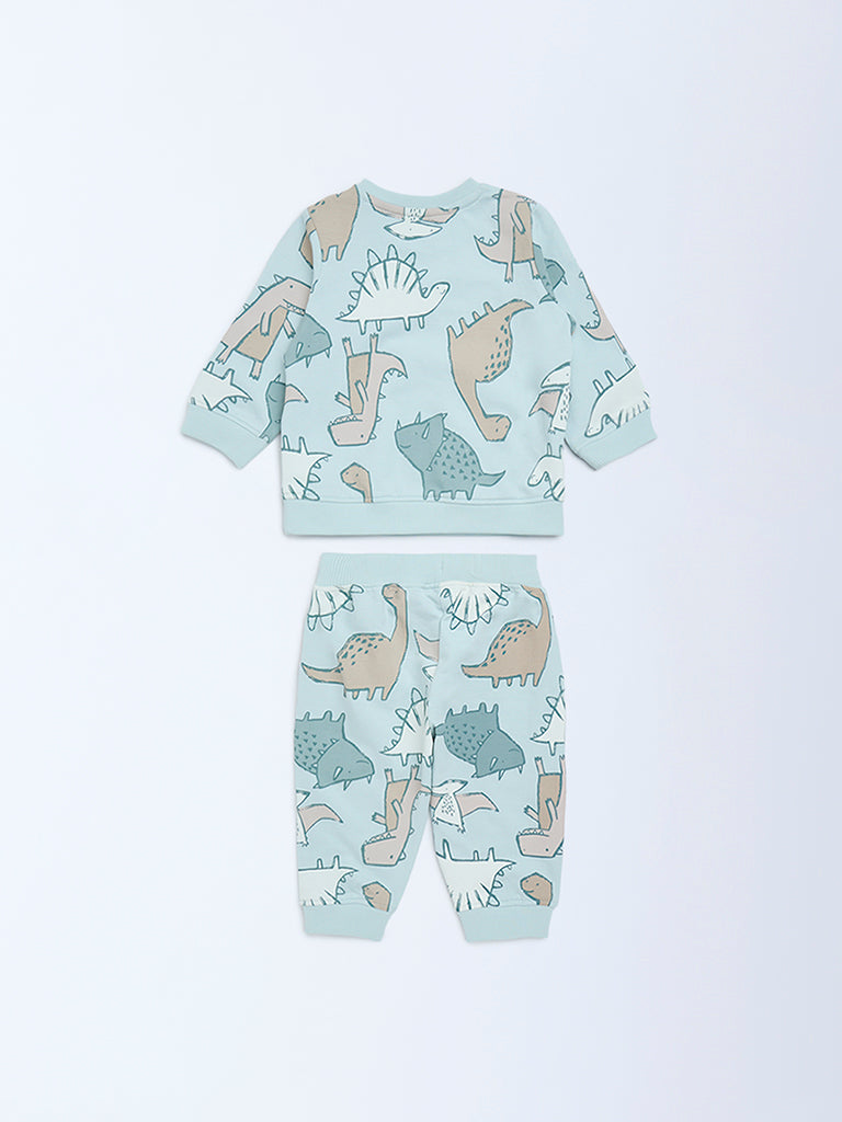 HOP Baby Boys Mint Dinosaur Pattern Sweatshirt and Joggers Set