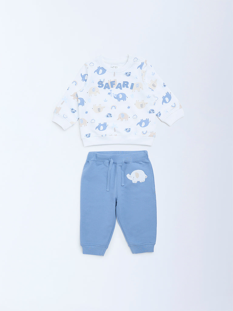 HOP Baby Boys White Animal Printed Cotton Sweatshirt and Pants Set