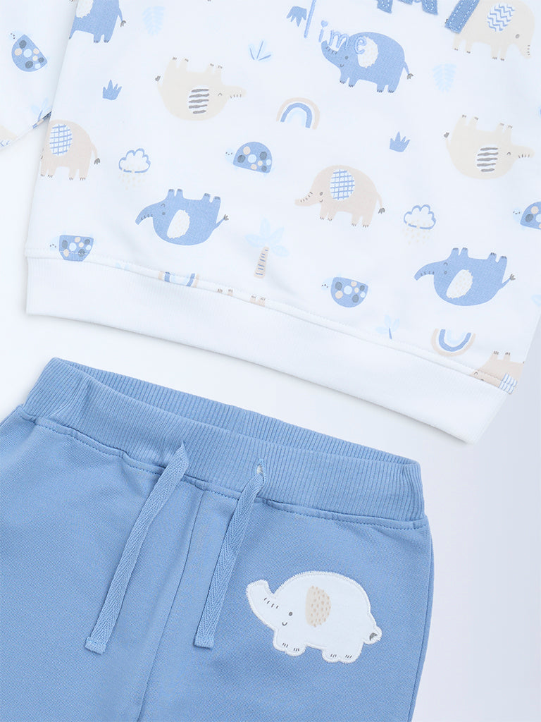 HOP Baby Boys White Animal Printed Cotton Sweatshirt and Pants Set