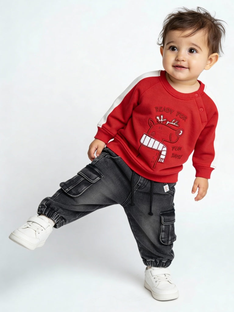 HOP Baby Boys Red Christmas-Themed Cotton-Blend Sweatshirt