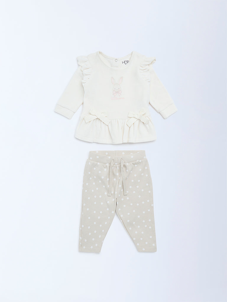 HOP Baby Girls White Cotton-Blend A-Line Dress with Pants Set