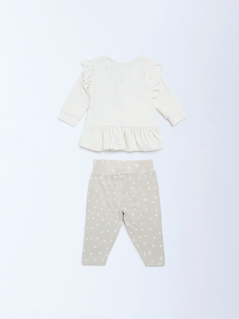 HOP Baby Girls White Cotton-Blend A-Line Dress with Pants Set